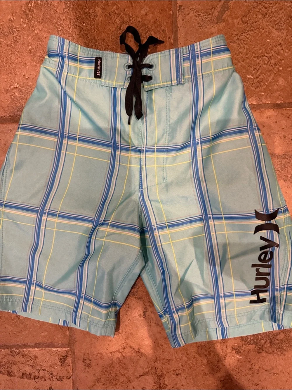Hurley Boys Aqua Plaid Swim Trunks with Black Drawstring
